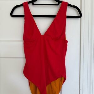 Reversible Red and Orange One Piece Swimsuit with Plunging V-Neckline